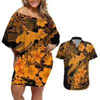 Aloha Hawaii Couples Matching Off Shoulder Short Dress and Hawaiian Shirt Hammerhead Shark Tattoo Polynesian Summer - Gold LT9 Gold - Polynesian Pride