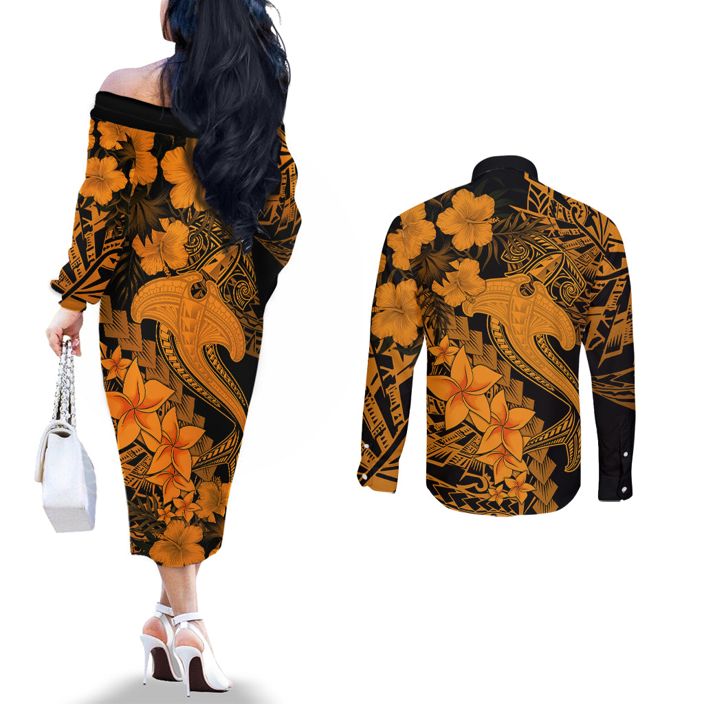 Aloha Hawaii Couples Matching Off The Shoulder Long Sleeve Dress and Long Sleeve Button Shirts Hammerhead Shark Tattoo Polynesian Summer - Gold LT9 - Polynesian Pride