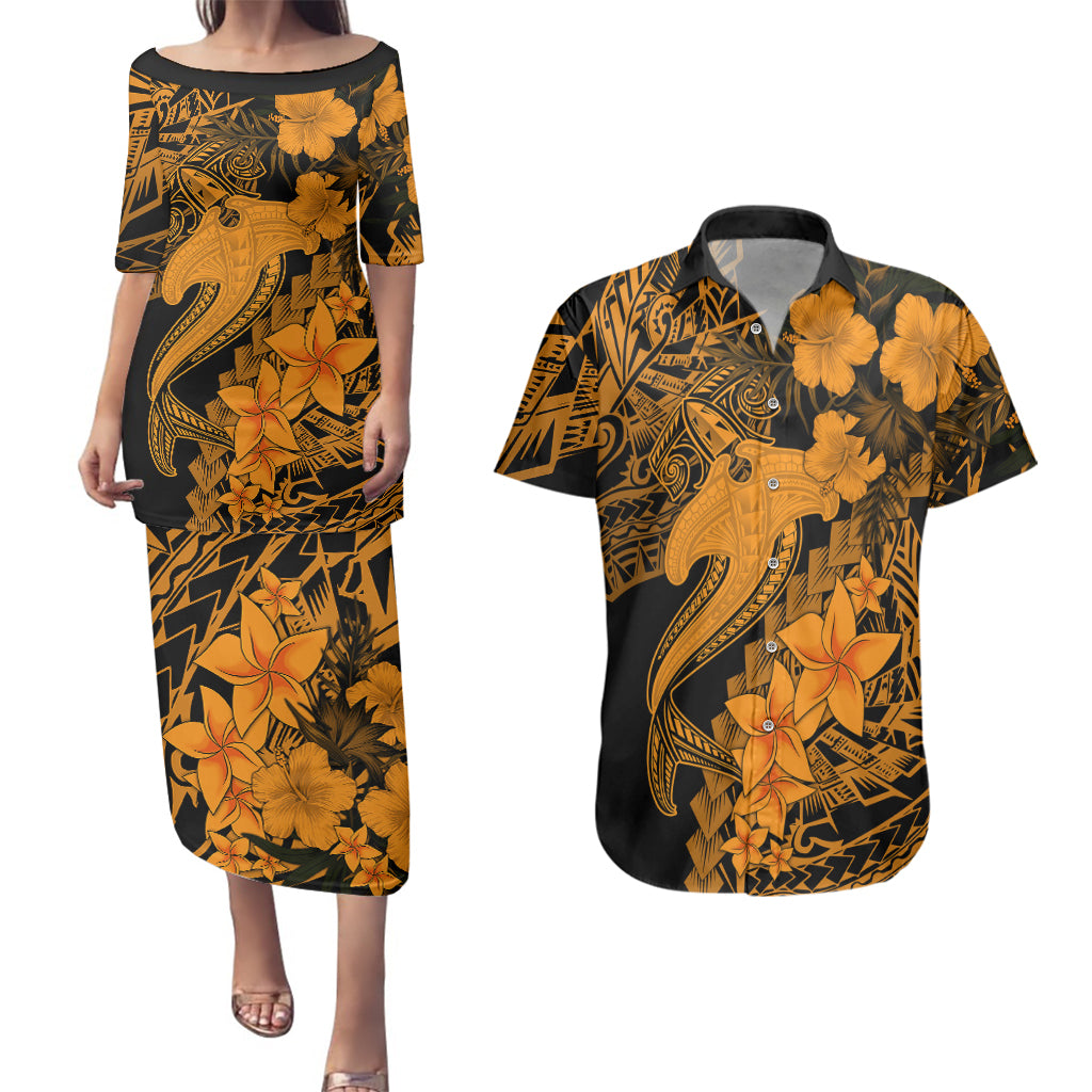 Aloha Hawaii Couples Matching Puletasi Dress and Hawaiian Shirt Hammerhead Shark Tattoo Polynesian Summer - Gold LT9 Gold - Polynesian Pride