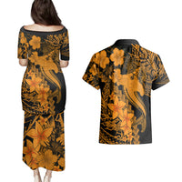 Aloha Hawaii Couples Matching Puletasi Dress and Hawaiian Shirt Hammerhead Shark Tattoo Polynesian Summer - Gold LT9 - Polynesian Pride
