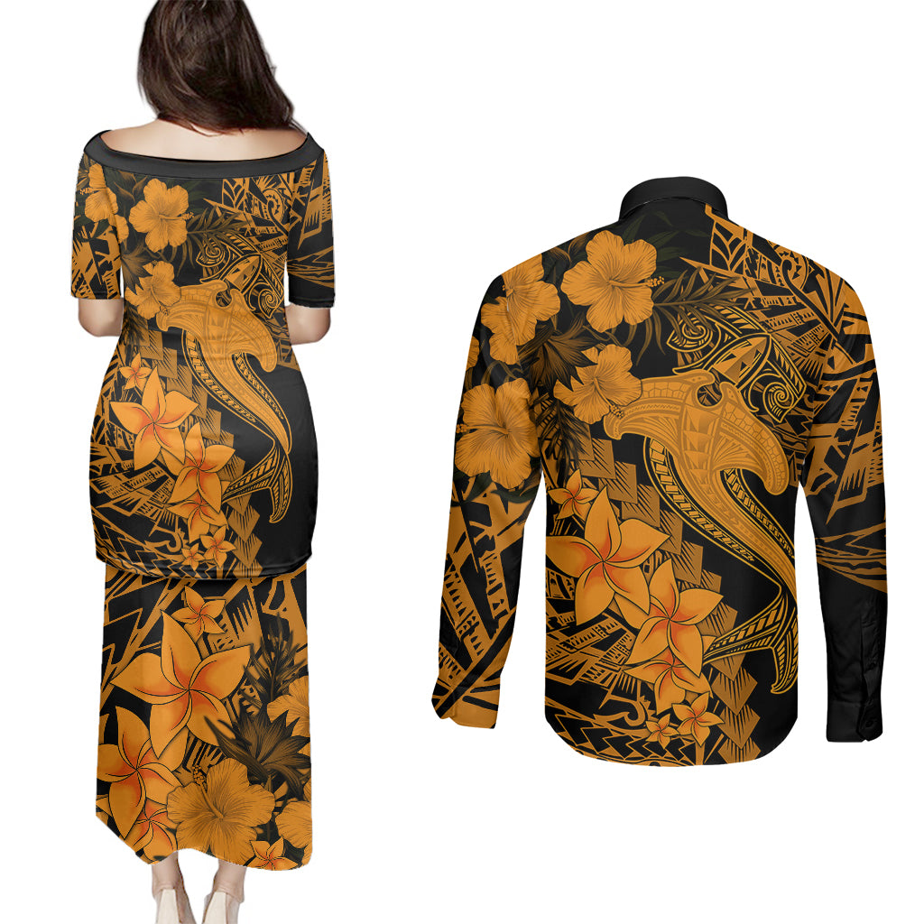 Aloha Hawaii Couples Matching Puletasi Dress and Long Sleeve Button Shirts Hammerhead Shark Tattoo Polynesian Summer - Gold LT9 - Polynesian Pride