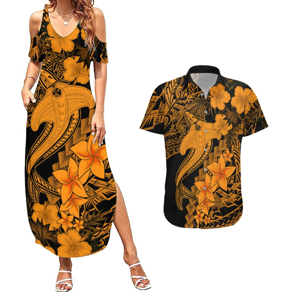 Aloha Hawaii Couples Matching Summer Maxi Dress and Hawaiian Shirt Hammerhead Shark Tattoo Polynesian Summer - Gold LT9 Gold - Polynesian Pride