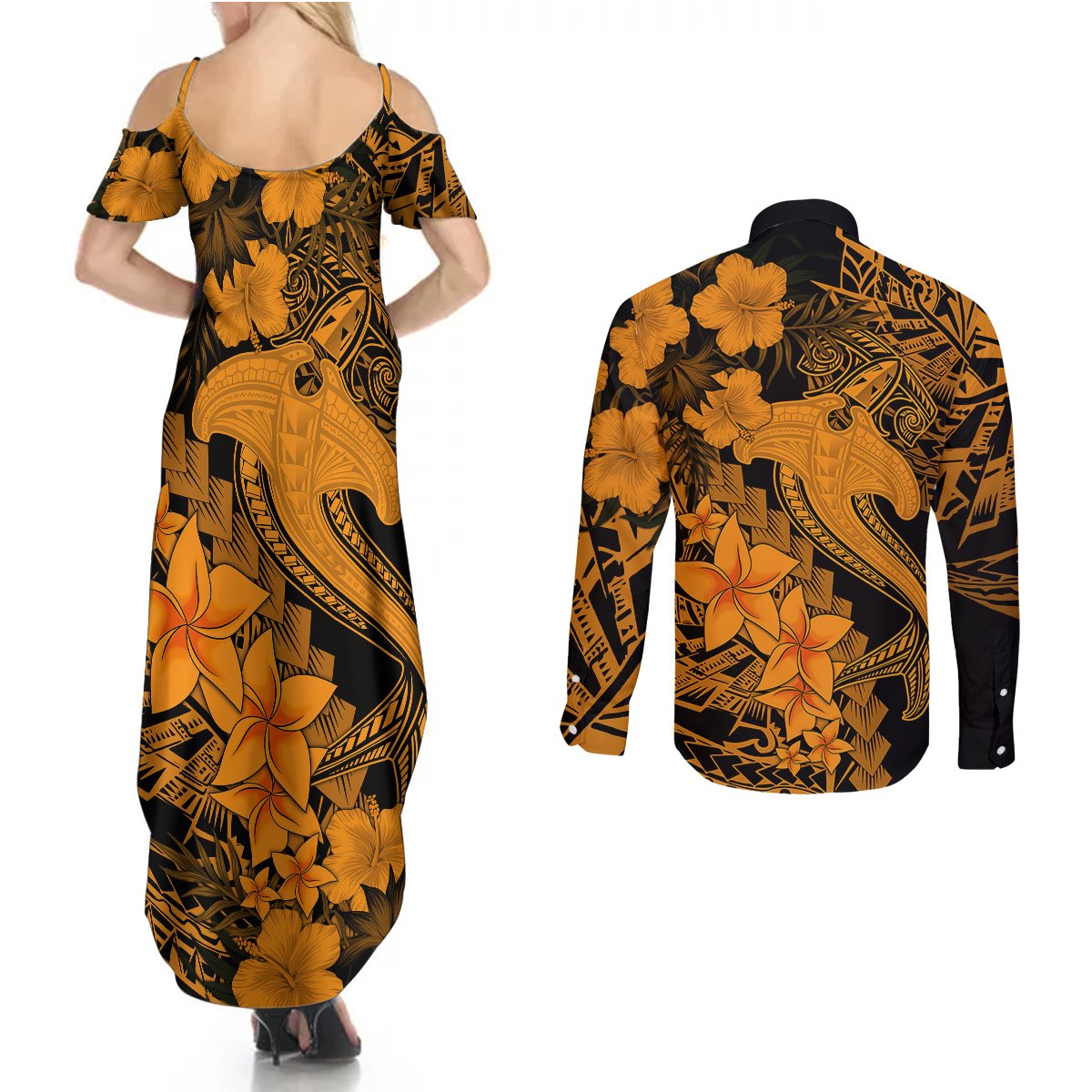 Aloha Hawaii Couples Matching Summer Maxi Dress and Long Sleeve Button Shirts Hammerhead Shark Tattoo Polynesian Summer - Gold LT9 - Polynesian Pride