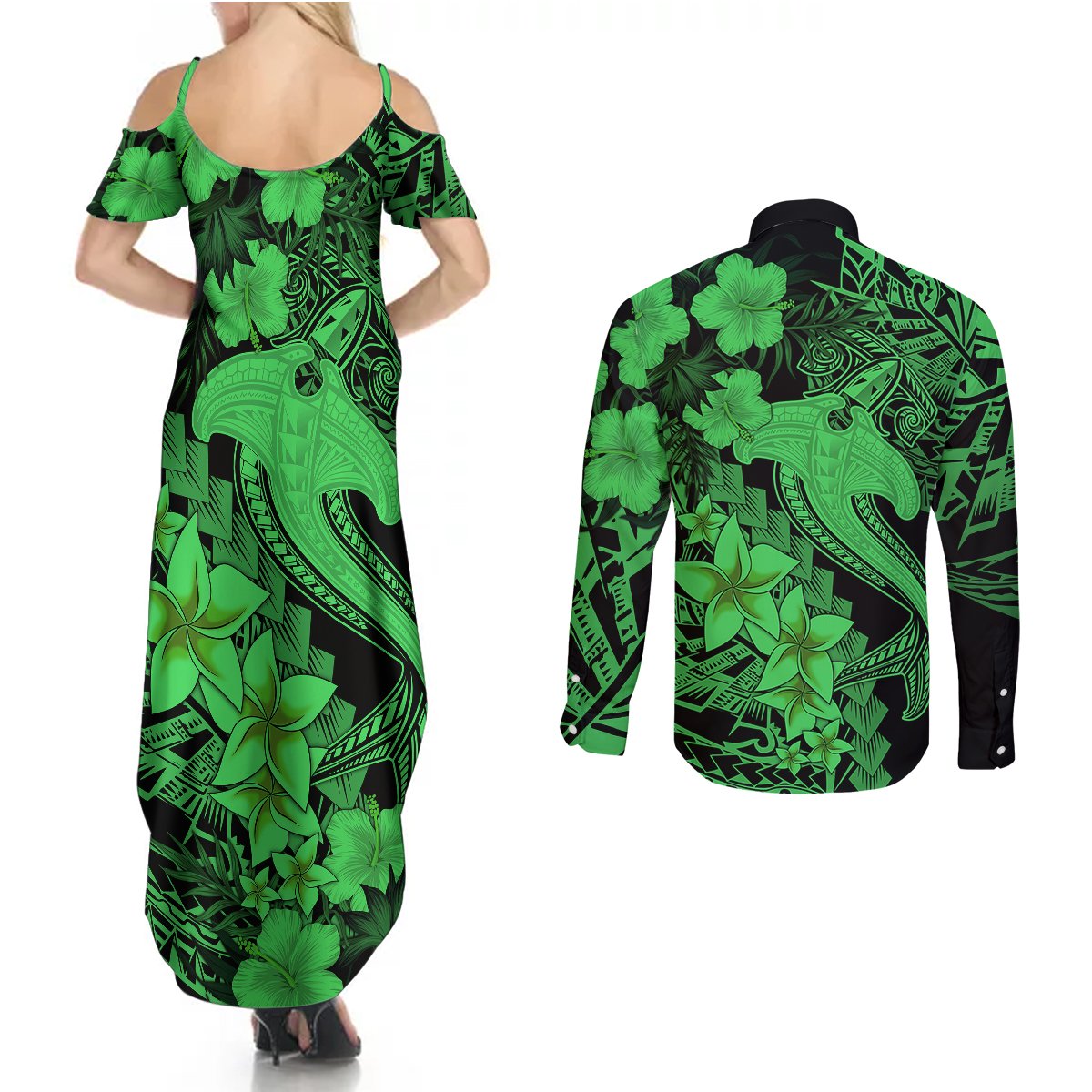 Aloha Hawaii Couples Matching Summer Maxi Dress and Long Sleeve Button Shirts Hammerhead Shark Tattoo Polynesian Summer - Green LT9 - Polynesian Pride