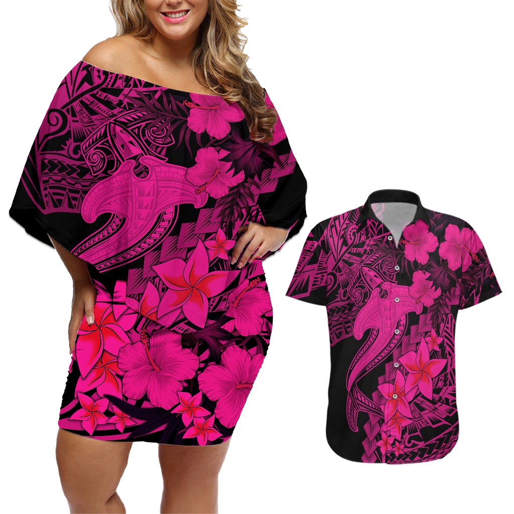 Aloha Hawaii Couples Matching Off Shoulder Short Dress and Hawaiian Shirt Hammerhead Shark Tattoo Polynesian Summer - Pink LT9 Pink - Polynesian Pride
