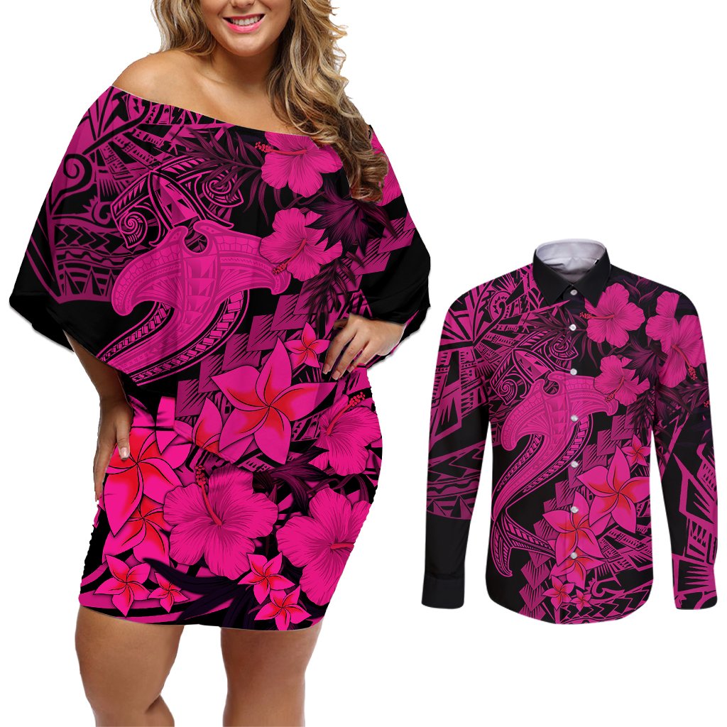 Aloha Hawaii Couples Matching Off Shoulder Short Dress and Long Sleeve Button Shirts Hammerhead Shark Tattoo Polynesian Summer - Pink LT9 Pink - Polynesian Pride