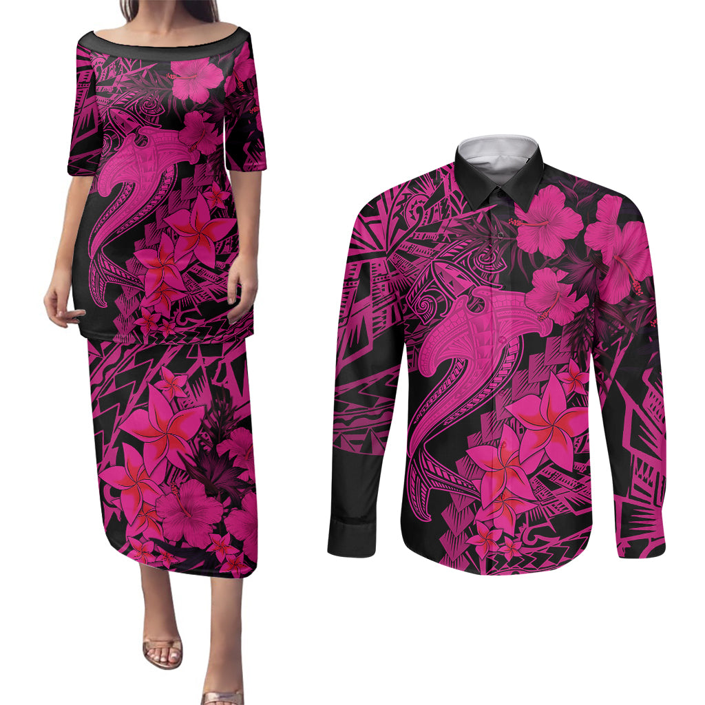 Aloha Hawaii Couples Matching Puletasi Dress and Long Sleeve Button Shirts Hammerhead Shark Tattoo Polynesian Summer - Pink LT9 Pink - Polynesian Pride