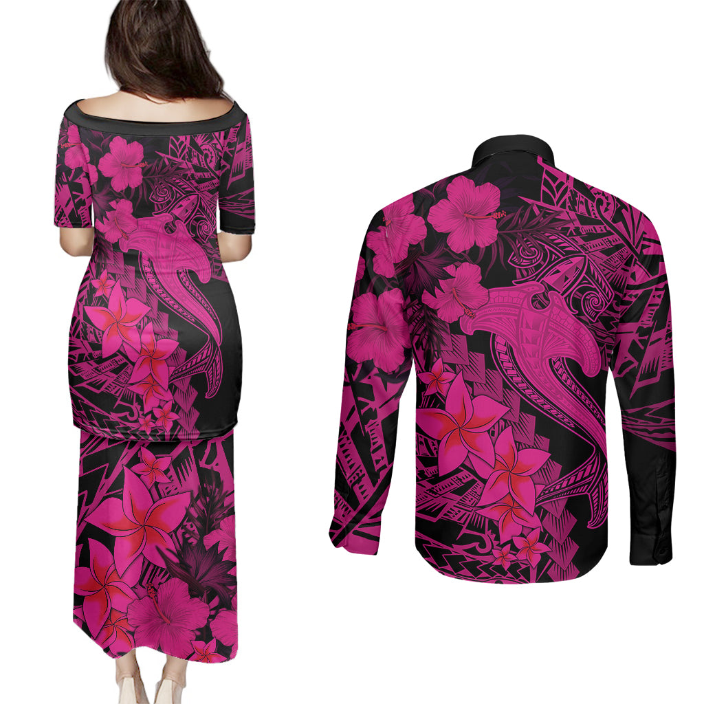 Aloha Hawaii Couples Matching Puletasi Dress and Long Sleeve Button Shirts Hammerhead Shark Tattoo Polynesian Summer - Pink LT9 - Polynesian Pride