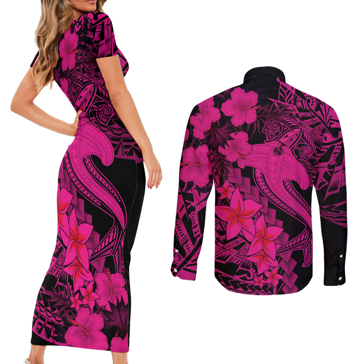 Aloha Hawaii Couples Matching Short Sleeve Bodycon Dress and Long Sleeve Button Shirts Hammerhead Shark Tattoo Polynesian Summer - Pink LT9 - Polynesian Pride