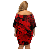 Aloha Hawaii Off Shoulder Short Dress Hammerhead Shark Tattoo Polynesian Summer - Red LT9 - Polynesian Pride