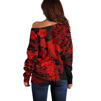 Aloha Hawaii Off Shoulder Sweater Hammerhead Shark Tattoo Polynesian Summer - Red LT9 - Polynesian Pride