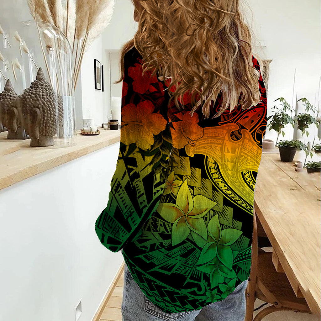 Aloha Hawaii Women Casual Shirt Hammerhead Shark Tattoo Polynesian Summer - Reggae LT9 - Polynesian Pride