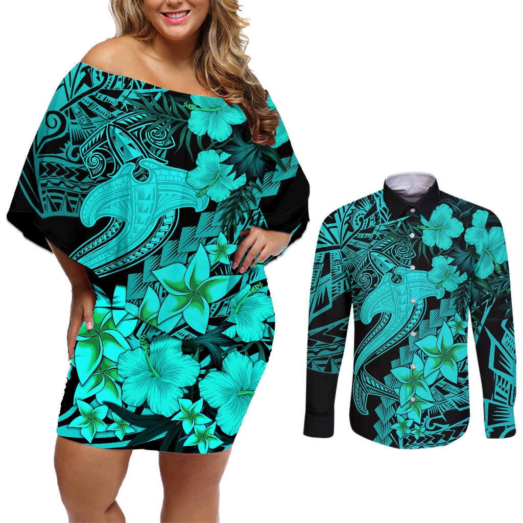 Aloha Hawaii Couples Matching Off Shoulder Short Dress and Long Sleeve Button Shirts Hammerhead Shark Tattoo Polynesian Summer - Turquoise LT9 Turquoise - Polynesian Pride