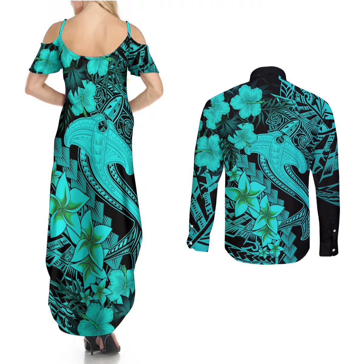 Aloha Hawaii Couples Matching Summer Maxi Dress and Long Sleeve Button Shirts Hammerhead Shark Tattoo Polynesian Summer - Turquoise LT9 - Polynesian Pride