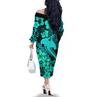Aloha Hawaii Off The Shoulder Long Sleeve Dress Hammerhead Shark Tattoo Polynesian Summer - Turquoise LT9 - Polynesian Pride