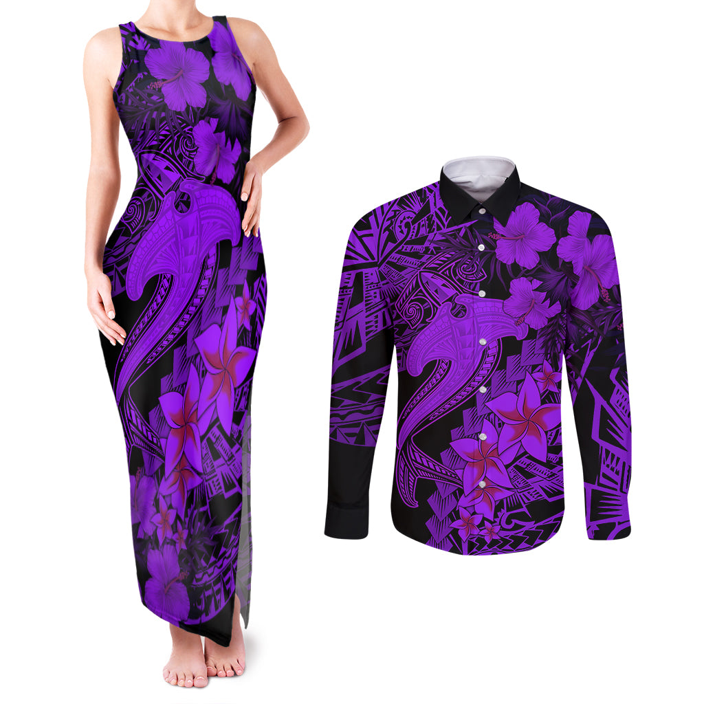 Aloha Hawaii Couples Matching Tank Maxi Dress and Long Sleeve Button Shirts Hammerhead Shark Tattoo Polynesian Summer - Violet LT9 Violet - Polynesian Pride
