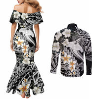 Aloha Hawaii Couples Matching Mermaid Dress and Long Sleeve Button Shirts Hammerhead Shark Tattoo Polynesian Summer - White LT9 - Polynesian Pride