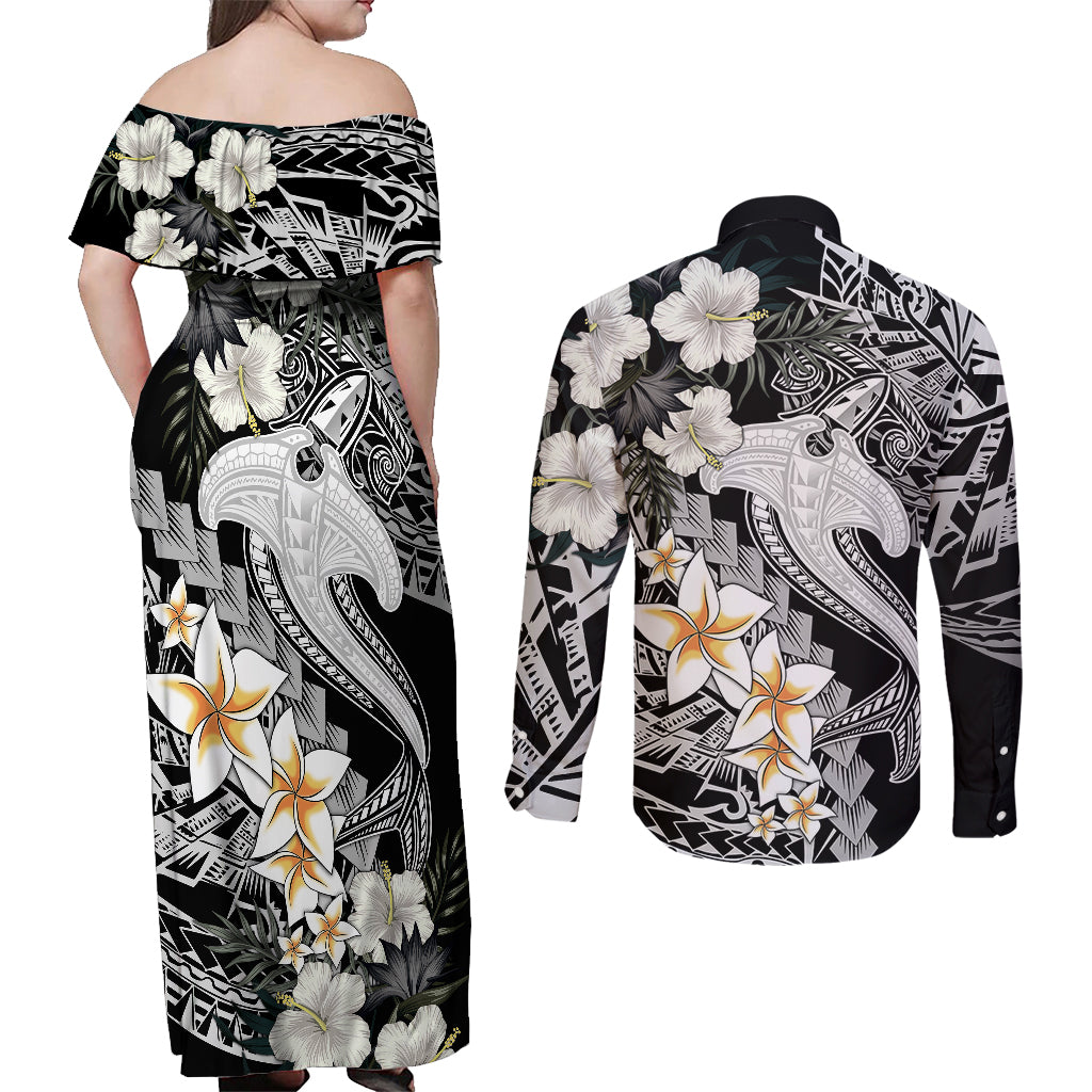 Aloha Hawaii Couples Matching Off Shoulder Maxi Dress and Long Sleeve Button Shirts Hammerhead Shark Tattoo Polynesian Summer - White LT9 - Polynesian Pride