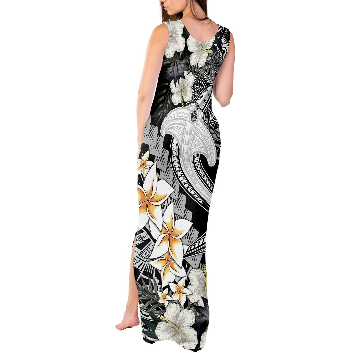 Aloha Hawaii Tank Maxi Dress Hammerhead Shark Tattoo Polynesian Summer - White LT9 - Polynesian Pride