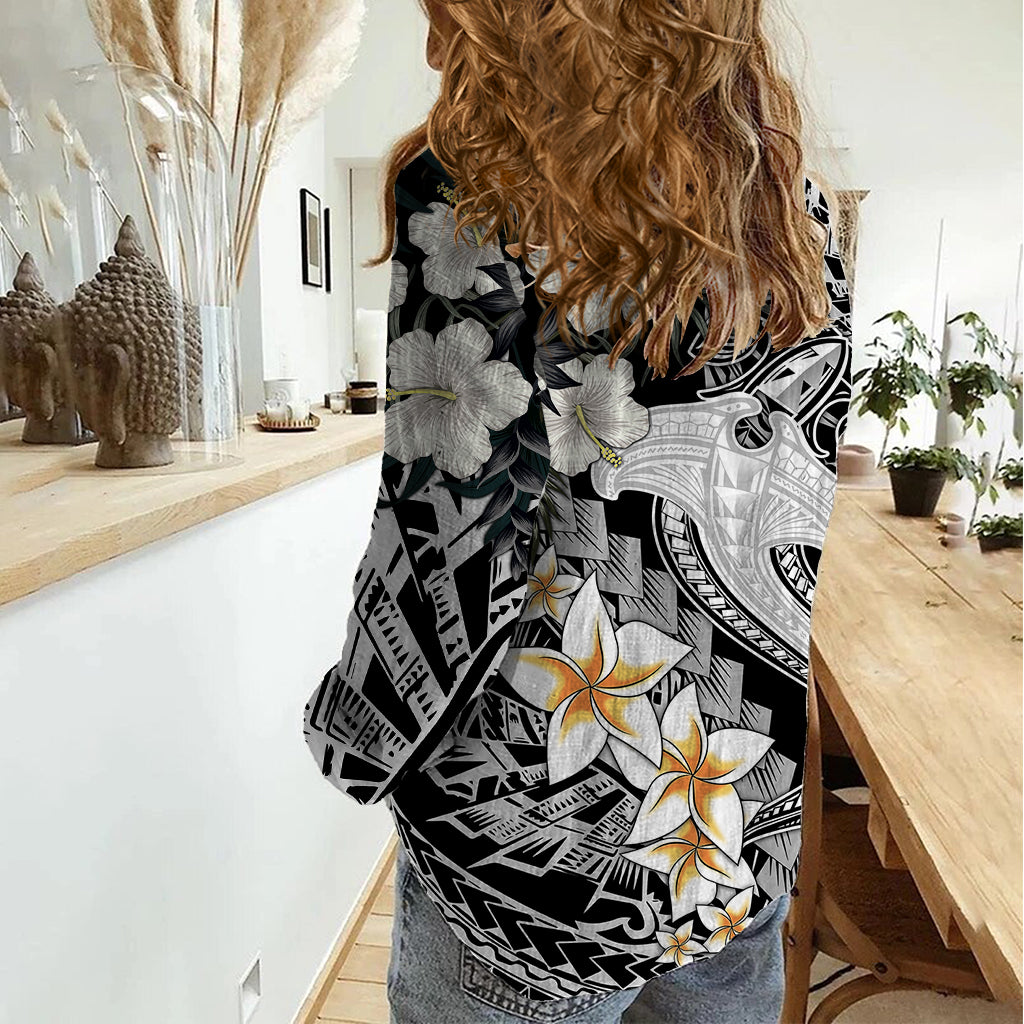 Aloha Hawaii Women Casual Shirt Hammerhead Shark Tattoo Polynesian Summer - White LT9 - Polynesian Pride