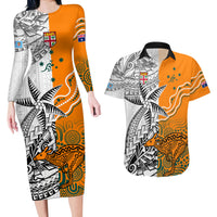 Fiji Australia Rugby Couples Matching Long Sleeve Bodycon Dress and Hawaiian Shirt World Cup 2023 Polynesia Tapa Mixed Indigenous Aboriginal LT9 Gold - Polynesian Pride