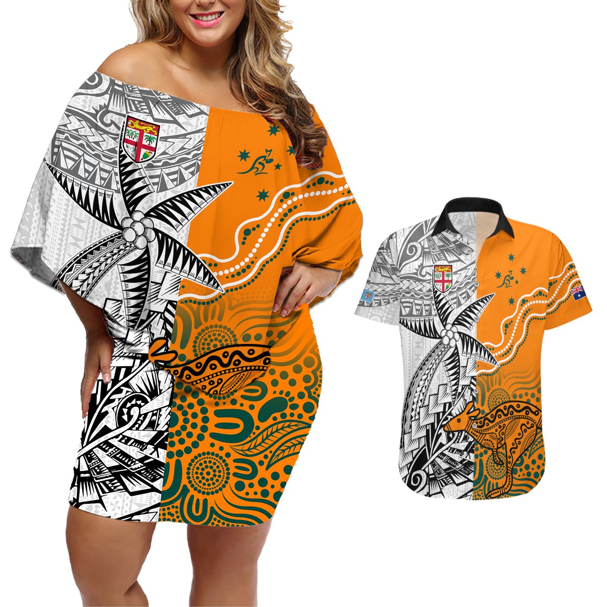 Fiji Australia Rugby Couples Matching Off Shoulder Short Dress and Hawaiian Shirt World Cup 2023 Polynesia Tapa Mixed Indigenous Aboriginal LT9 Gold - Polynesian Pride