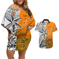 Fiji Australia Rugby Couples Matching Off Shoulder Short Dress and Hawaiian Shirt World Cup 2023 Polynesia Tapa Mixed Indigenous Aboriginal LT9 Gold - Polynesian Pride