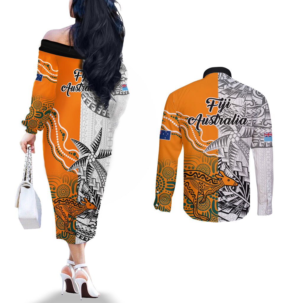 Fiji Australia Rugby Couples Matching Off The Shoulder Long Sleeve Dress and Long Sleeve Button Shirts World Cup 2023 Polynesia Tapa Mixed Indigenous Aboriginal LT9 - Polynesian Pride
