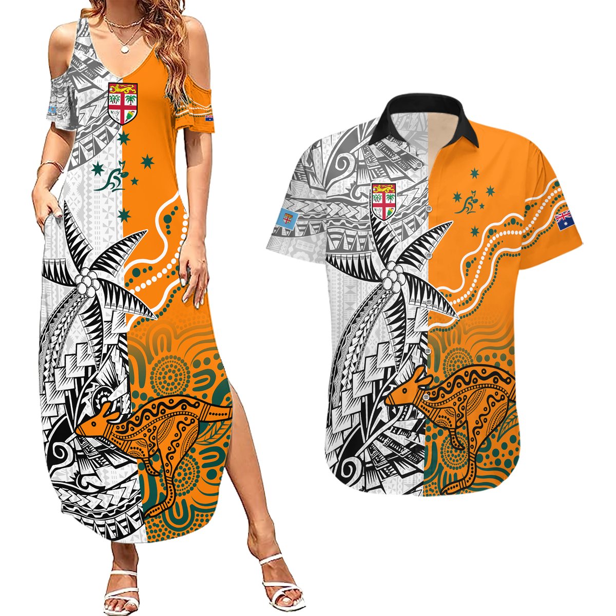 Fiji Australia Rugby Couples Matching Summer Maxi Dress and Hawaiian Shirt World Cup 2023 Polynesia Tapa Mixed Indigenous Aboriginal LT9 Gold - Polynesian Pride