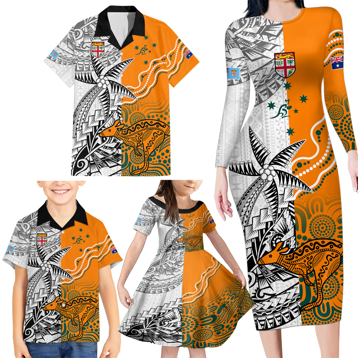 Fiji Australia Rugby Family Matching Long Sleeve Bodycon Dress and Hawaiian Shirt World Cup 2023 Polynesia Tapa Mixed Indigenous Aboriginal LT9 - Polynesian Pride