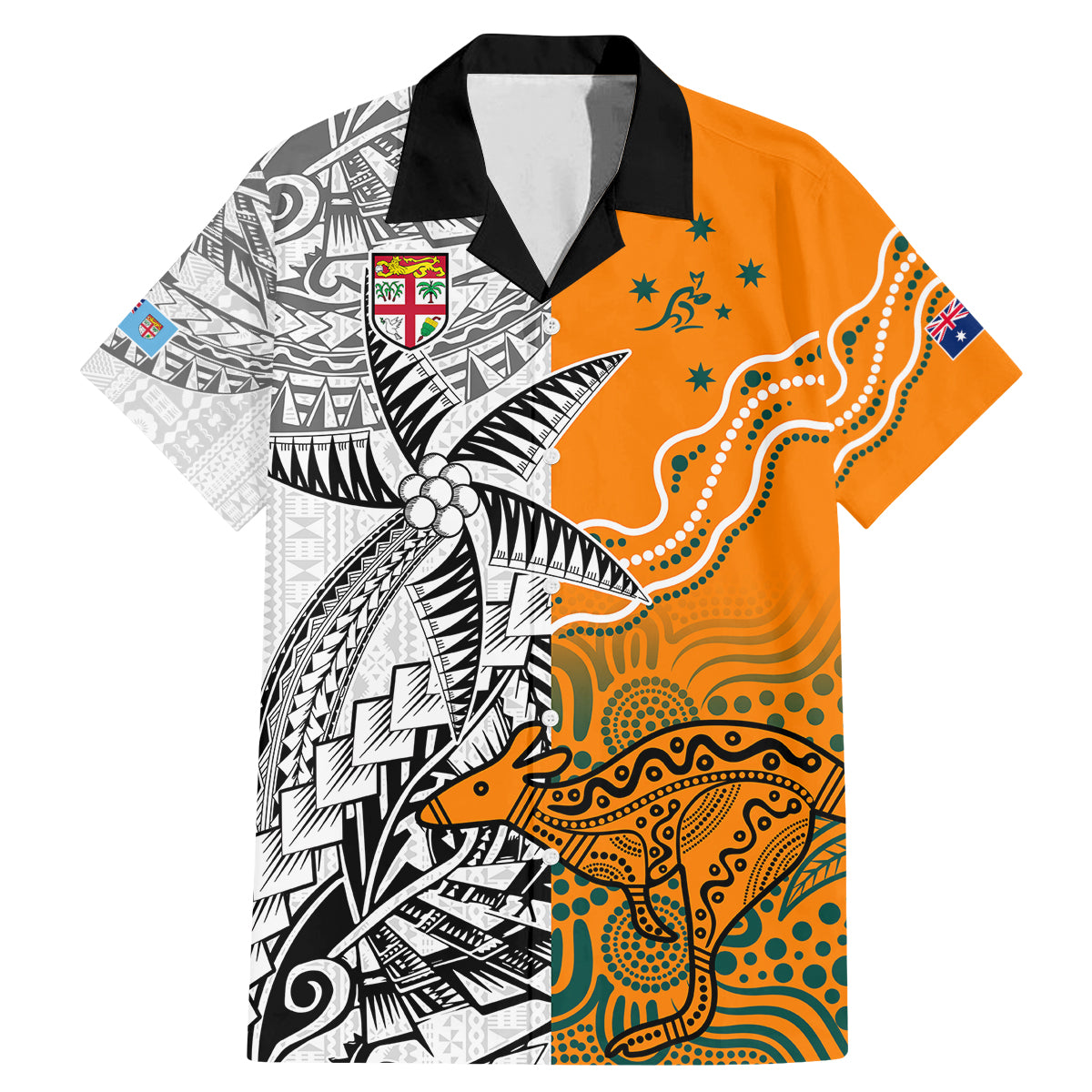 Fiji Australia Rugby Family Matching Mermaid Dress and Hawaiian Shirt World Cup 2023 Polynesia Tapa Mixed Indigenous Aboriginal LT9 Dad's Shirt - Short Sleeve Gold - Polynesian Pride