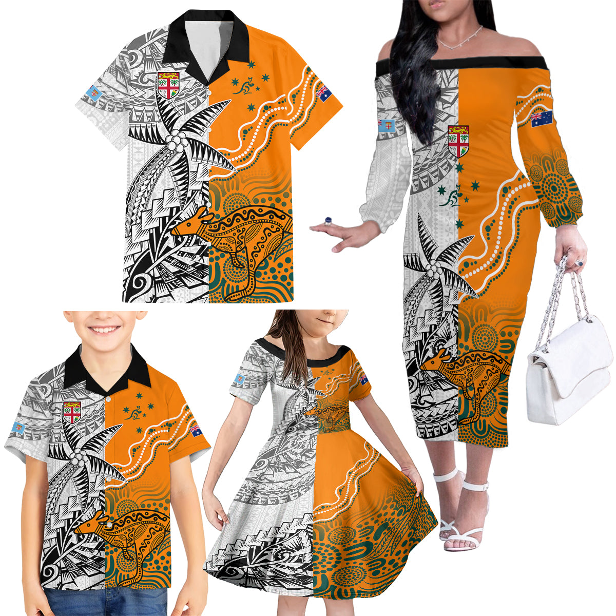 Fiji Australia Rugby Family Matching Off Shoulder Long Sleeve Dress and Hawaiian Shirt World Cup 2023 Polynesia Tapa Mixed Indigenous Aboriginal LT9 - Polynesian Pride