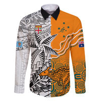 Fiji Australia Rugby Family Matching Off Shoulder Long Sleeve Dress and Hawaiian Shirt World Cup 2023 Polynesia Tapa Mixed Indigenous Aboriginal LT9 Dad's Shirt - Long Sleeve Gold - Polynesian Pride