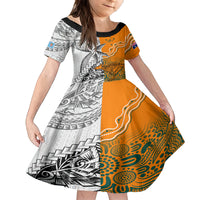 Fiji Australia Rugby Family Matching Off Shoulder Maxi Dress and Hawaiian Shirt World Cup 2023 Polynesia Tapa Mixed Indigenous Aboriginal LT9 Daughter's Dress Gold - Polynesian Pride