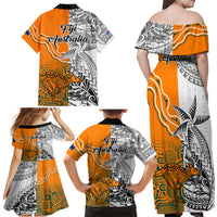 Fiji Australia Rugby Family Matching Off Shoulder Maxi Dress and Hawaiian Shirt World Cup 2023 Polynesia Tapa Mixed Indigenous Aboriginal LT9 - Polynesian Pride
