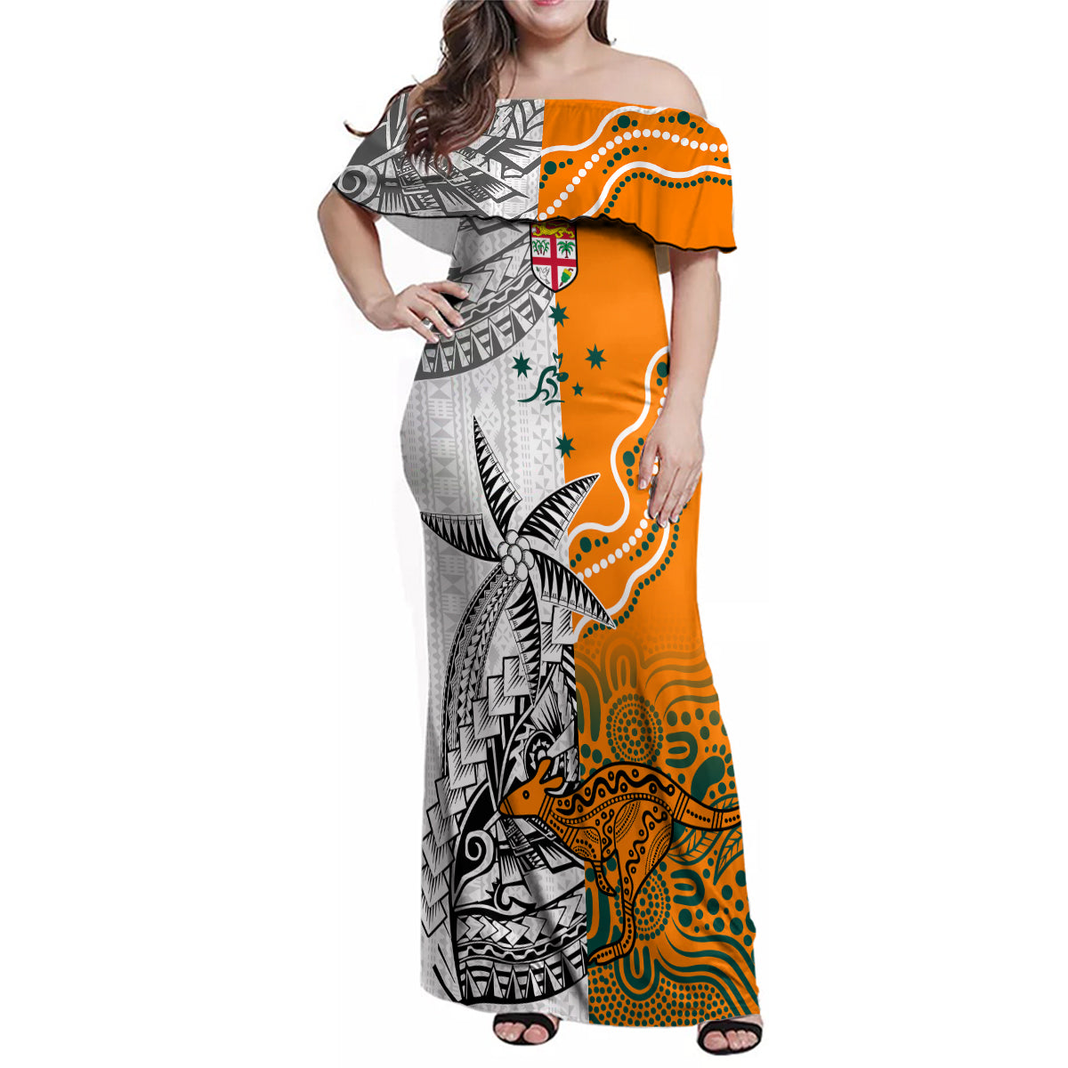 Fiji Australia Rugby Family Matching Off Shoulder Maxi Dress and Hawaiian Shirt World Cup 2023 Polynesia Tapa Mixed Indigenous Aboriginal LT9 Mom's Dress Gold - Polynesian Pride