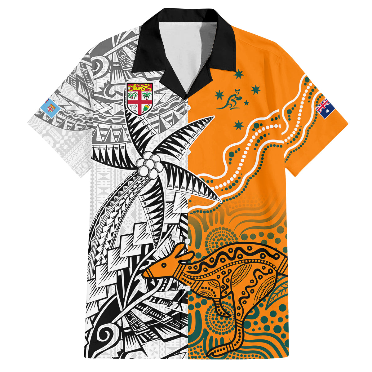 Fiji Australia Rugby Family Matching Off Shoulder Short Dress and Hawaiian Shirt World Cup 2023 Polynesia Tapa Mixed Indigenous Aboriginal LT9 Dad's Shirt - Short Sleeve Gold - Polynesian Pride