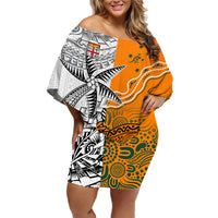 Fiji Australia Rugby Family Matching Off Shoulder Short Dress and Hawaiian Shirt World Cup 2023 Polynesia Tapa Mixed Indigenous Aboriginal LT9 Mom's Dress Gold - Polynesian Pride