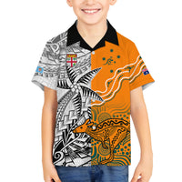 Fiji Australia Rugby Family Matching Off Shoulder Short Dress and Hawaiian Shirt World Cup 2023 Polynesia Tapa Mixed Indigenous Aboriginal LT9 Son's Shirt Gold - Polynesian Pride