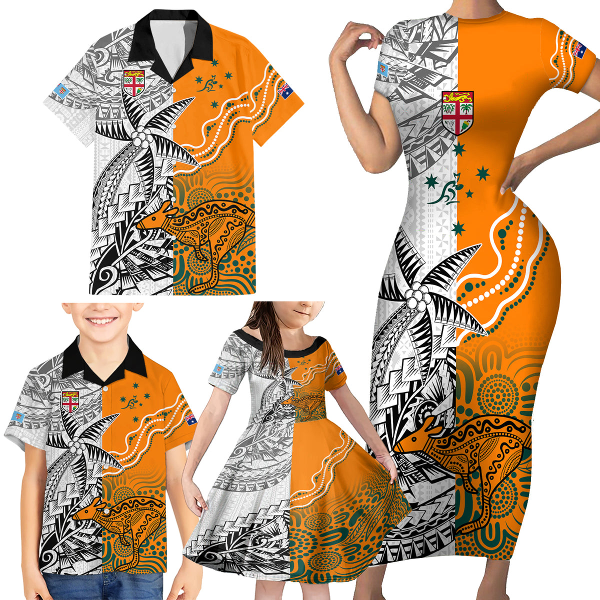 Fiji Australia Rugby Family Matching Short Sleeve Bodycon Dress and Hawaiian Shirt World Cup 2023 Polynesia Tapa Mixed Indigenous Aboriginal LT9 - Polynesian Pride