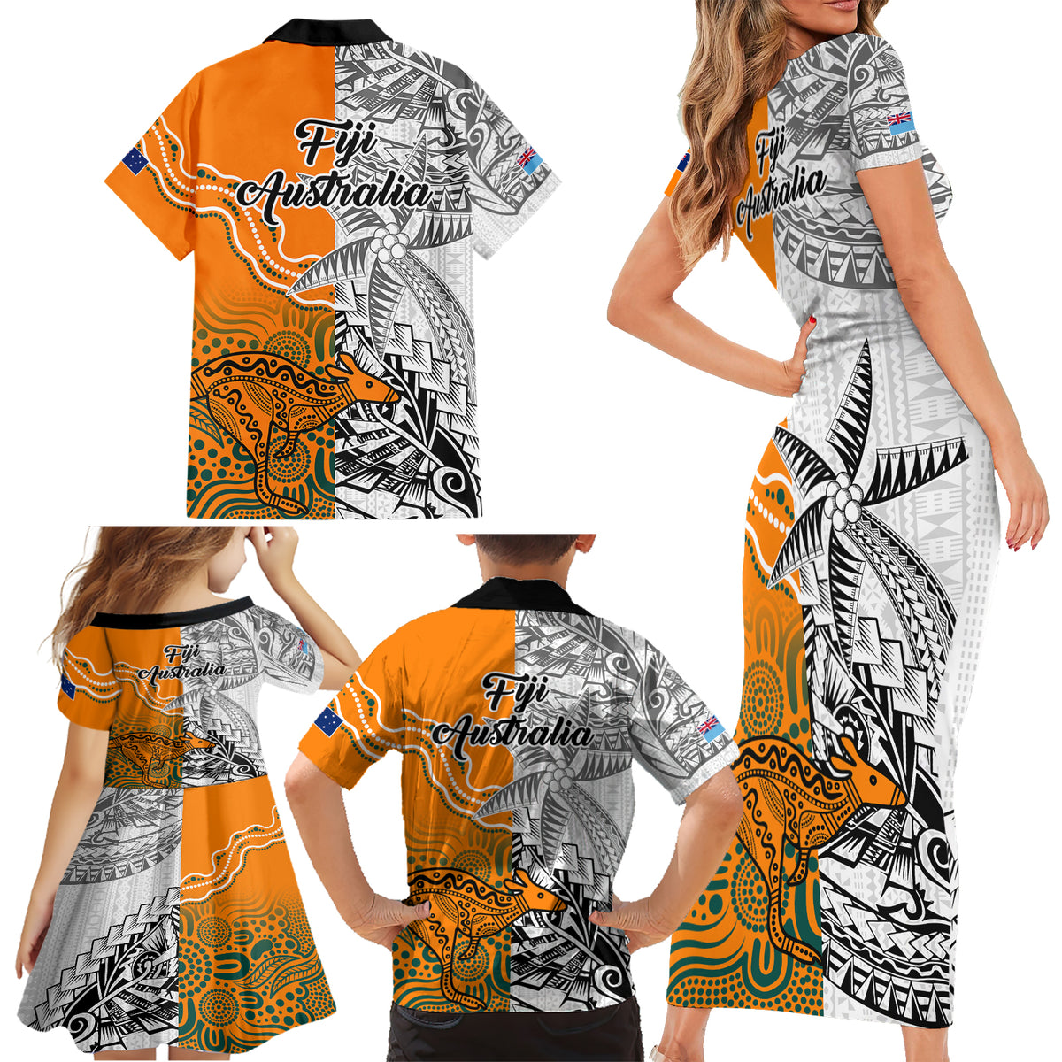 Fiji Australia Rugby Family Matching Short Sleeve Bodycon Dress and Hawaiian Shirt World Cup 2023 Polynesia Tapa Mixed Indigenous Aboriginal LT9 - Polynesian Pride