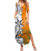 Fiji Australia Rugby Family Matching Summer Maxi Dress and Hawaiian Shirt World Cup 2023 Polynesia Tapa Mixed Indigenous Aboriginal LT9 Mom's Dress Gold - Polynesian Pride