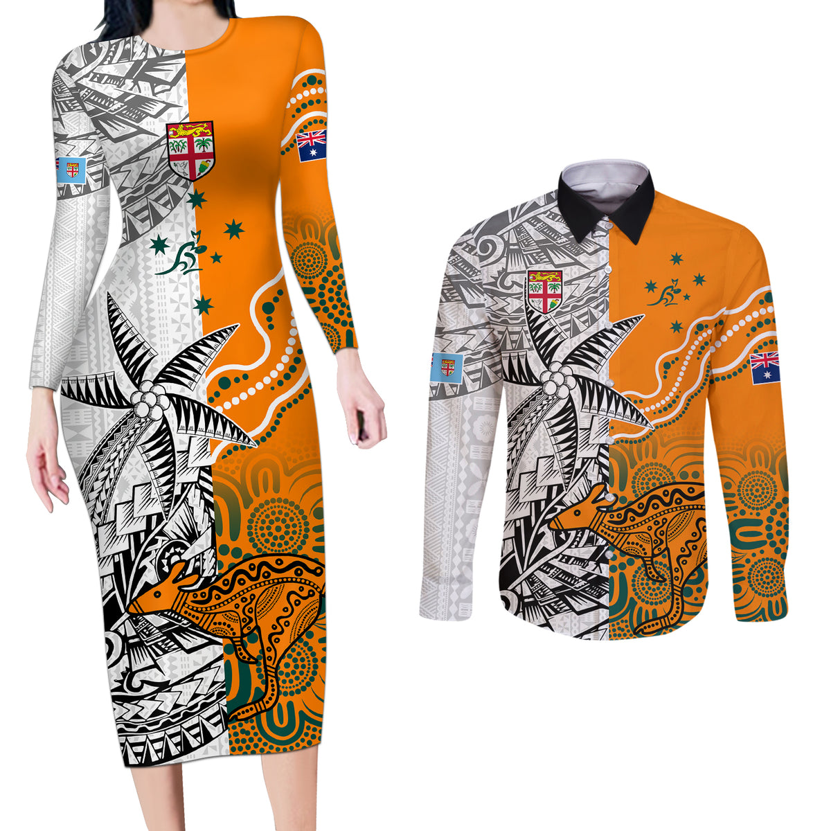 Personalised Fiji Australia Rugby Couples Matching Long Sleeve Bodycon Dress and Long Sleeve Button Shirts World Cup 2023 Polynesia Tapa Mixed Indigenous Aboriginal LT9 Gold - Polynesian Pride