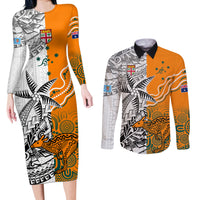 Personalised Fiji Australia Rugby Couples Matching Long Sleeve Bodycon Dress and Long Sleeve Button Shirts World Cup 2023 Polynesia Tapa Mixed Indigenous Aboriginal LT9 Gold - Polynesian Pride