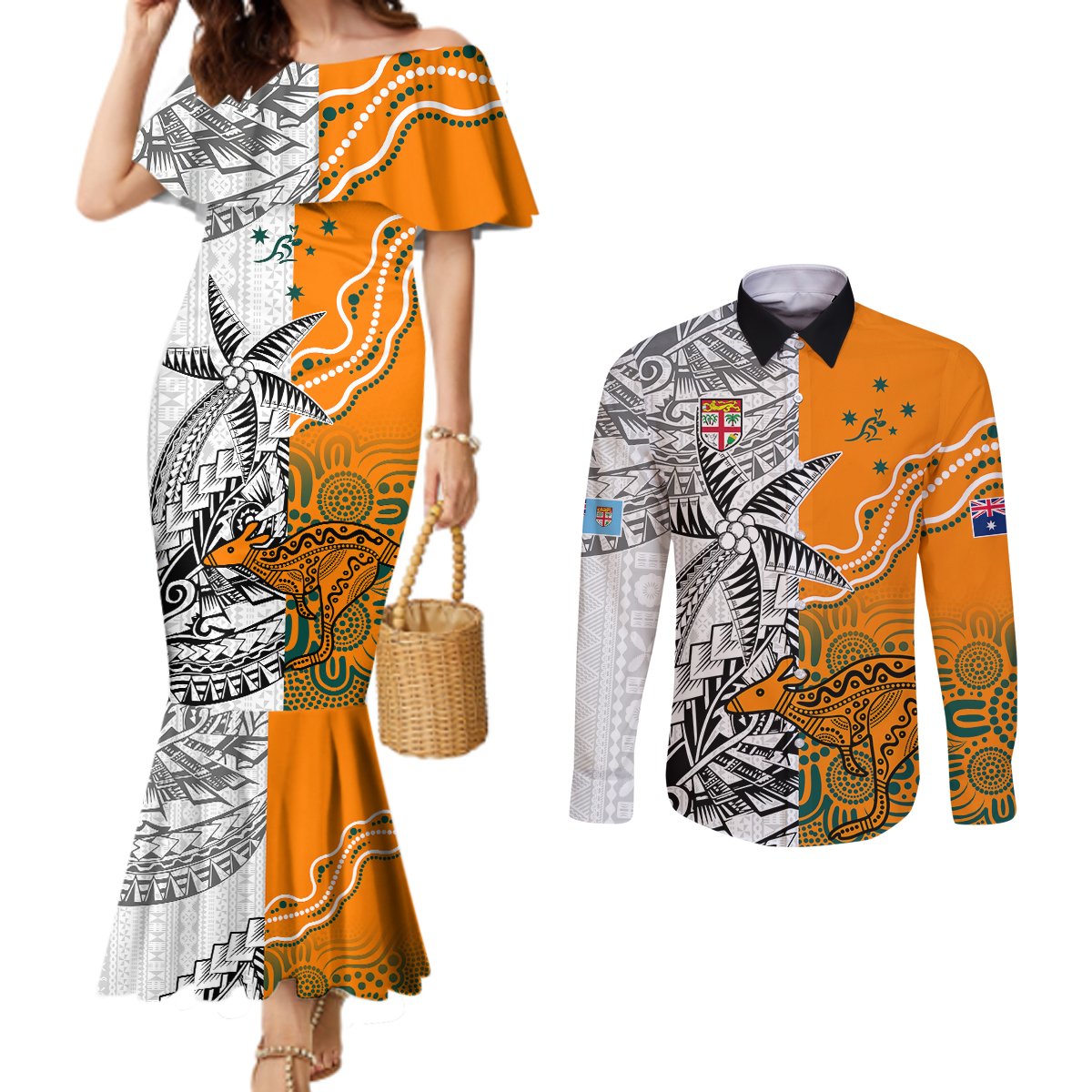 Personalised Fiji Australia Rugby Couples Matching Mermaid Dress and Long Sleeve Button Shirts World Cup 2023 Polynesia Tapa Mixed Indigenous Aboriginal LT9 Gold - Polynesian Pride