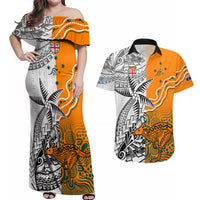 Personalised Fiji Australia Rugby Couples Matching Off Shoulder Maxi Dress and Hawaiian Shirt World Cup 2023 Polynesia Tapa Mixed Indigenous Aboriginal LT9 Gold - Polynesian Pride
