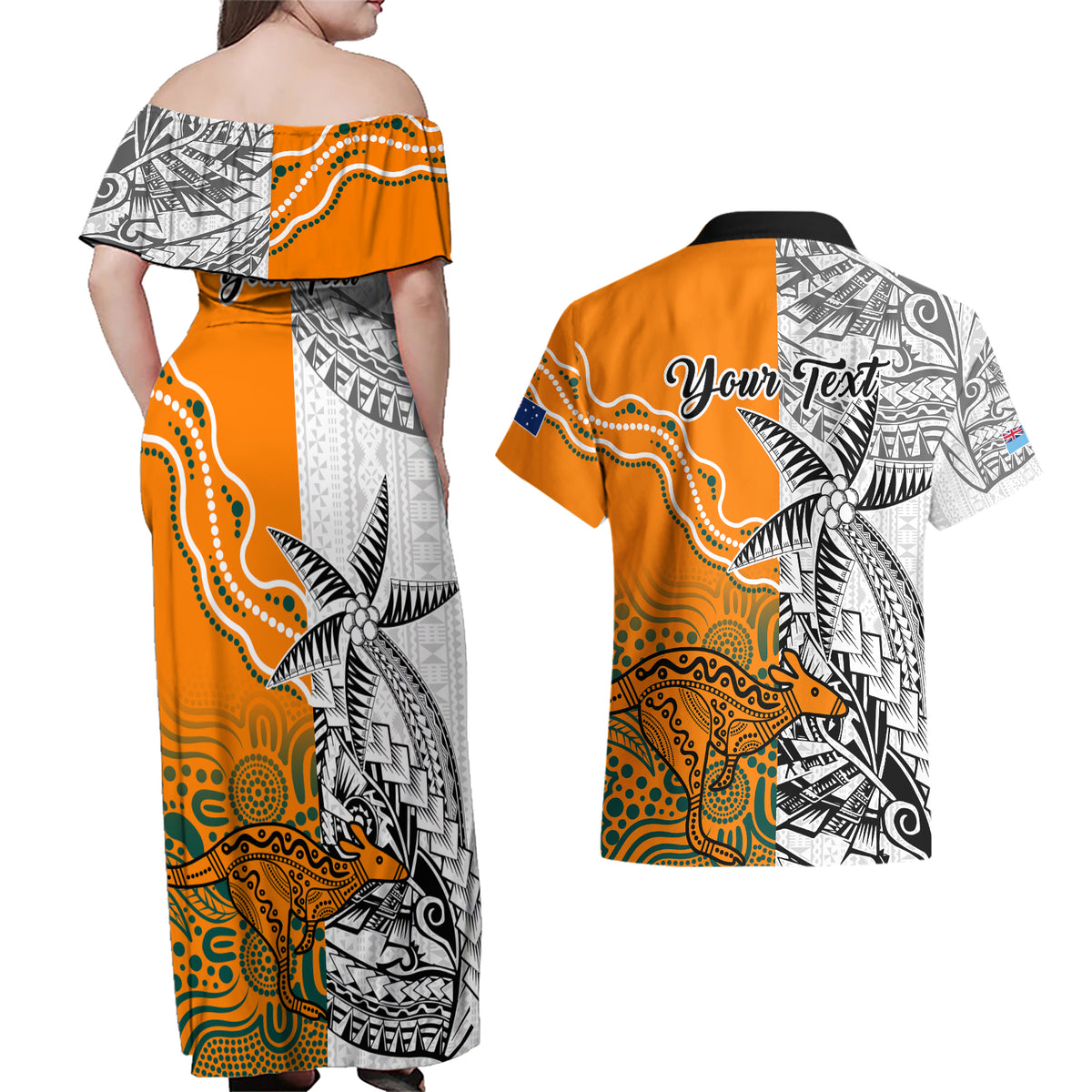 Personalised Fiji Australia Rugby Couples Matching Off Shoulder Maxi Dress and Hawaiian Shirt World Cup 2023 Polynesia Tapa Mixed Indigenous Aboriginal LT9 - Polynesian Pride