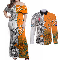 Personalised Fiji Australia Rugby Couples Matching Off Shoulder Maxi Dress and Long Sleeve Button Shirts World Cup 2023 Polynesia Tapa Mixed Indigenous Aboriginal LT9 Gold - Polynesian Pride