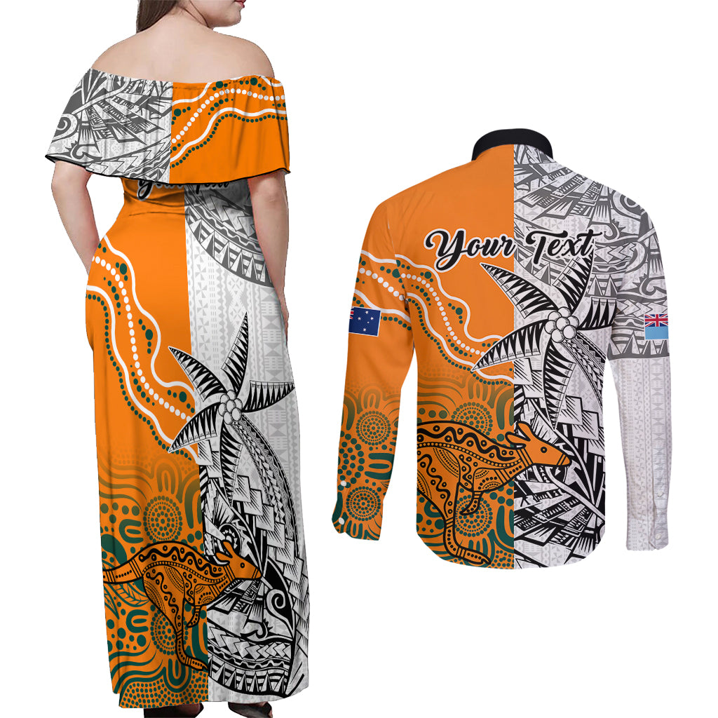 Personalised Fiji Australia Rugby Couples Matching Off Shoulder Maxi Dress and Long Sleeve Button Shirts World Cup 2023 Polynesia Tapa Mixed Indigenous Aboriginal LT9 - Polynesian Pride