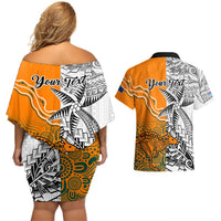 Personalised Fiji Australia Rugby Couples Matching Off Shoulder Short Dress and Hawaiian Shirt World Cup 2023 Polynesia Tapa Mixed Indigenous Aboriginal LT9 - Polynesian Pride
